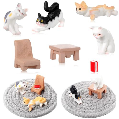 Qinayu 7-teiliges realistisches Katzenfiguren-Spielset Katzenfiguren aus Kunstharz handbemalt Mini-Katzendekor Kätzchen Handkätzchen Osterkatze Kuchenaufsatz Weihnachts-Haustierfiguren
