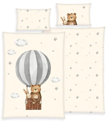 Herding babybest Bettwäsche Ballonfahrt, Kopfkissenbezug ca. 40 x 60 cm, Bettbezug ca. 100 x 135 cm, Mit Reißverschluss und Hoteleinschlag, 100% Baumwolle/Renforcé, Beige