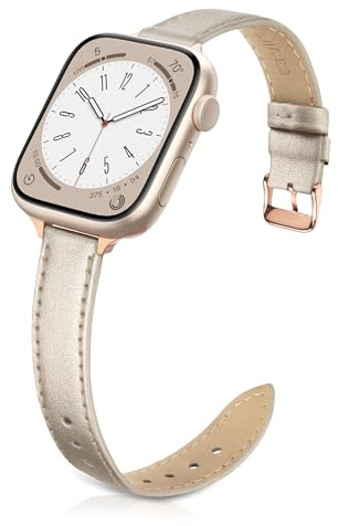 Tuocal Genuine Leather Strap Compatible with Apple Watch Strap 38mm 40mm 41mm 42mm(Series 10) for Women Men, Slim Thin Elegant Narrow Wristband for iWatch Series 10 9 8 7 6 5 4 3 2 1