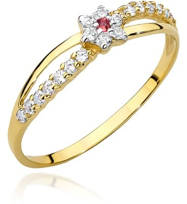 MARKO Goldener Damenring 333 Gold (8 Karat) mit Zirkonia – Eleganter Blüten-Ring im Blumen-Design – Zarter Goldring als Geschenk für Frauen & Mädchen (Roter Zirkoniumdioxid, 60 (19.2))