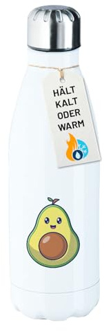 Huuraa Glitzer Trinkflasche Avocado Comic Geschenk | 500ml White Edelstahl Wasserflasche Trinkflasche Weiß Geschenkidee Glitzer Thermosflasche Isolierflasche Schraubverschluss