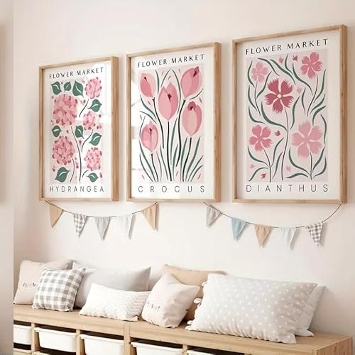 Uixxducc 3Pcs FLOWER MARKET Poster Set, Vintage Rosa Blumen Bilder Poster & Kunstdrucke, Wandbilder Ohne Rahmen, Aesthetic Wanddeko für Wohnzimmer, Schlafzimmer, Esszimmer (21x30cm,ABC)