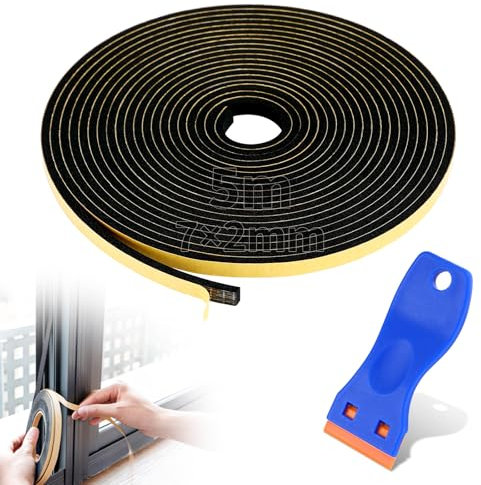Tapvai 5m Guarnizione Adesiva, 7mm x 2mm Guarnizione Finestra con Piccolo Raschietto, Guarnizioni In Gomma, Nastro Sigillante Impermeabile per Piano Cottura per Sigillare e Isolare,Porte, Finestre