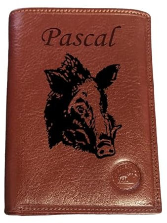 Générique Portefeuille en Cuir de Vachette,Marron, personnalisé avec Votre Texte ou prénom et Un Dessin au Choix (Ici Sanglier Chasse). Modèle Moyen,