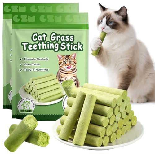 12PCS Cat Grass Teething Stick, Freeze-Dried Cat Grass Stick, Natural Dental Chew Sticks for Cats, Catnip Toys, Edible Chew Toys for Teeth Cleaning and Hairball Removal, 60g