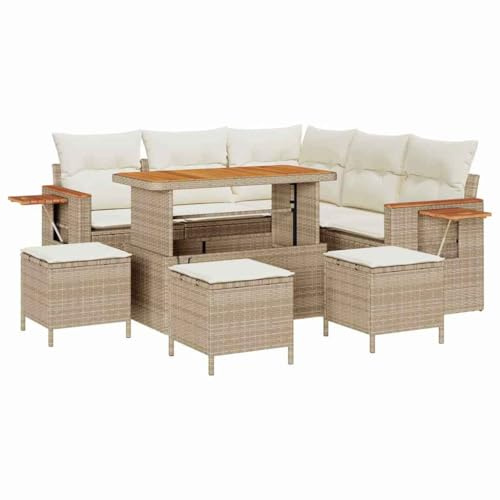 vidaXL Garten-Sofa-Set mit Kissen mit Speicher 9 pcs Beige Poly Rattan, Garten Lounge Set, modernes Sofa, UV-beständige Möbel für entspannte Stunden, Terrassen-Deko, Sitzgruppe.
