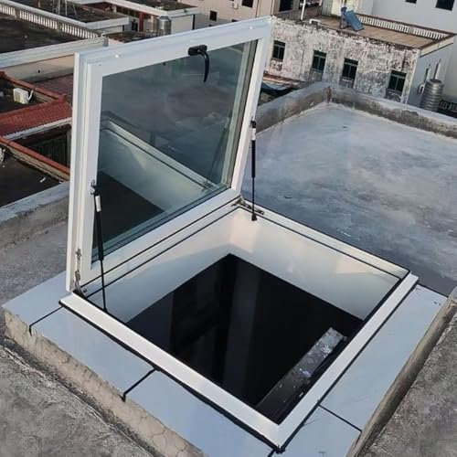 Dachbodentreppe zum Öffnen mit Gasdruckfedern, Griff – robuster Rahmen aus Aluminiumlegierung für Dachboden/Sonnenraum, Kellerfenster, Dachfenster, große Dachzufahrtluke