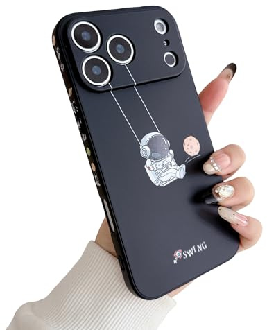 Yonds Queen for iPhone 17 Pro Max Cute Case, Cool Cartoon Swing Astronaut Planet Moon Design Stylish TPU Bumper Shockproof Anti-Slip Protector Fashion Case (Black Planet, iPhone 17 Pro Max)
