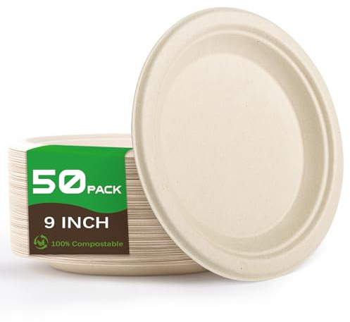 Yidaxing Platos Desechables 50 Piezas, Vajillas Desechable de Caña de Azúcar Biodegradables, Platos 100% Compostables para Cumpleaños, Fiestas, Cámping, Picnic, Barbacoas (Color Madera, 22.8cm)