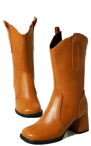 KUHAOFEU Stivali da Cowgirl A metà Polpaccio da Donna Punta Quadrata Stivali Lunghi Western con Tacco Grosso,Giallo,42 EU