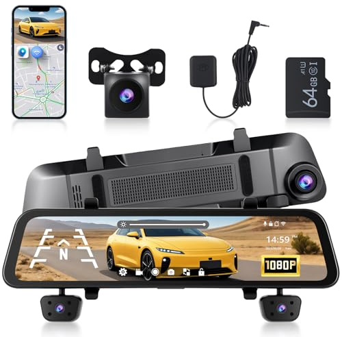 Hodozzy WiFi Rückspiegel Dashcam GPS, 12-Zoll-Touchscreen 4 Autokameras Dashcam Vorne und Hinten Innen Rückspiegelkamera, App-Steuerung, Parkmonitor G-Sensor, Nachtsicht, Loop-Aufnahme, 64 G TF-Karte