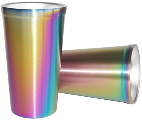 Vasos de Acero Inoxidable con Doble Pared Aislante (Set de 2) Apilables, Tazas para Café/Té/Vasos para Cerveza Fría, Ideales para Niños, Viajes, Exteriores, Camping y Uso Diario, 16oz (Arcoíris)