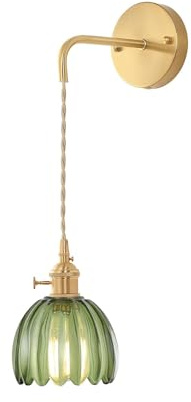 Hnexsei Vintage Wandleuchte mit klarem geripptem Glasschirm, goldene Wandlampe mit E27-Fassung und Drehschalter – Elegante Wandbeleuchtung für Schlafzimmer oder Wohnzimmer (Grün, 1er-Pack)