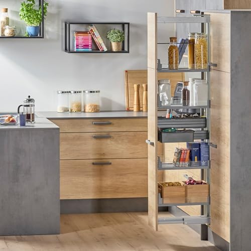 SOTECH Dispensa-X Apothekerauszug SILBERGRAU 400 mm Tragkraft 100 kg | 1200-1600 mm SoftstopPlus Clickfixx und 4 ARENA Einhängetablare mit Glasreling für breite Schränke Kesseböhmer