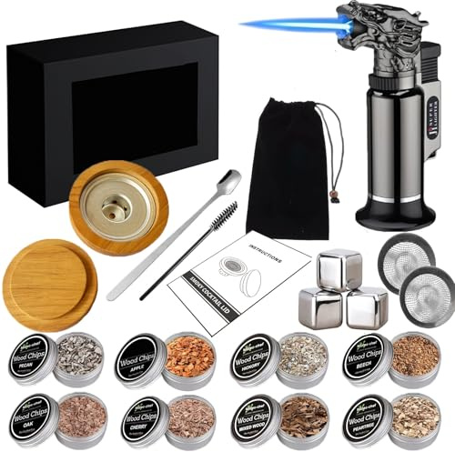 Cocktail Räucher-Set – Whisky Räuchersystem mit 8 Holzsorten & Zubehör – Flygragon Professioneller Smoker für Old Fashioned & Bourbon – Geschenkidee für Männer
