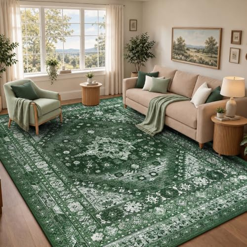 Capslpad Vintage Teppich Wohnzimmer 160x230cm Grün Waschbar | Kurzflor Boho,Retro Teppich,Weich Rutschfest,Großer Teppich,für Wohnzimmer,Esszimmer,Schlafzimmer,Büro,Teppiche