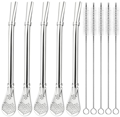 AYUMAL Yerba Mate Bombilla, Stainless Steel Drinking Straws Spoon, 5PCS | Stainless Steel Drinking Straws - with Filter Spoon, Reusable, for Loose Leaf Tea French Press Coffee with 5 Cleaning Brushes