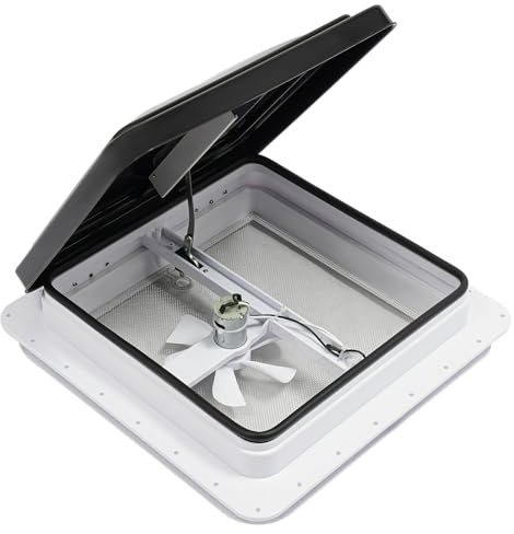 Lucernario per roulotte, 42 x 42 cm, con ventilatore, interruttore on/off, protezione antizanzare, traspirante, impermeabile, resistente ai raggi UV, in plastica, adatto per roulotte, camper, camion