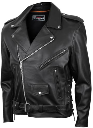 Vance Leather Mens Premium Cowhide Conceal Carry Insulated Liner and Side Laces Classic MC Motorcycle Biker Black Leather Jacket (Black, Medium)