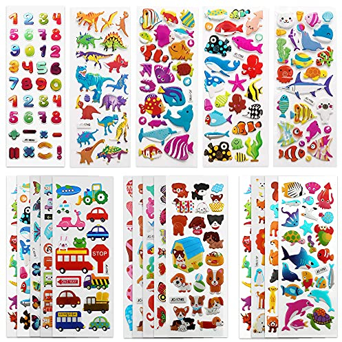 SAVITA Aufkleber für Kinder 500 + Pack mit Puffy-Aufklebern, 3D-Aufkleber mit Buchstaben, Zahlen, Schmetterlingen, Fisch, Dinosaurier und mehr