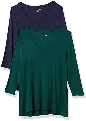 Amazon Essentials Women's 3/4 Sleeve V-Neck Swing T-Shirt (Available in Plus Sizes), Pack of 2, Navy/Jade Green, XL