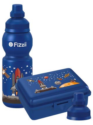 Fizzii Set Trinkflasche 330ml + Lunchbox inkl. Obst-/ Gemüsefach (schadstofffrei, spülmaschinenfest, Motiv: Mini Weltraum)