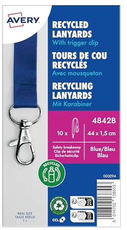 AVERY Zweckform 4842B Lanyard 10 Stück (44x1,5cm, Kartenhalter mit Karabinerhaken-Sicherheitsverschluss, Schlüsselband für Ausweishülle, Kartenhülle, Namenschilder, Umhängeband, Nackenband) blau