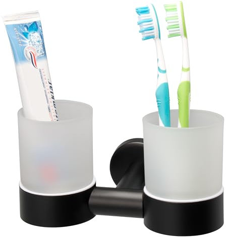 bremermann Bad-Serie Piazza Black - Doppel-Glasbecherhalter, Zahnputzbecherhalter inkl. Wandhalterung, Becherhalter - Zahnbürstenhalter, aus satiniertem Glas und Edelstahl matt schwarz