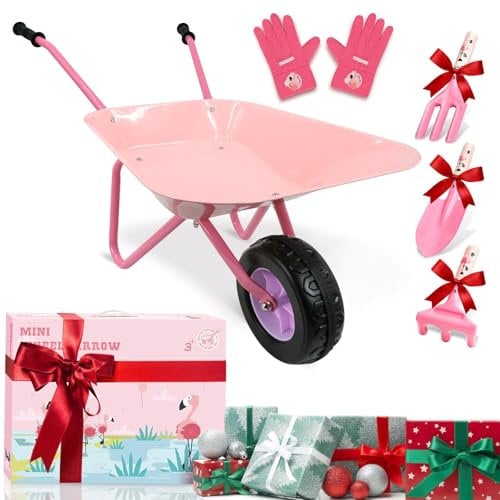 Hortem Kids Wheelbarrow Set Metal, 5PCS Construction Kids Wheel Barrel and Kids Garden Tools,Kids Gardening Glove, Gifts for Kids (Pink)