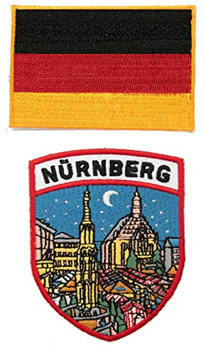 A-ONE Aufnäher mit Deutschland-Flagge, zum Aufbügeln, Motiv Nürnberg, Stadt bei Nacht, 2 Stück No.105C