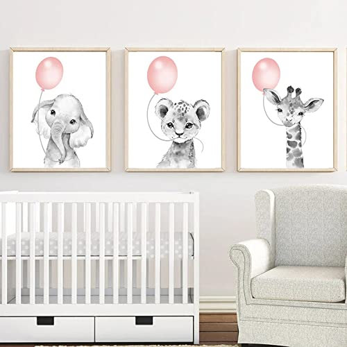 3 Wandbilder Tiere Bunt Kinderzimmer Poster Panda Koala Löwe Kinder Bilder Mädchen mit Luftballons Rosa Babyzimmer Junge Tierposter 30 x 40 cm Geschenk ohne Rahmen