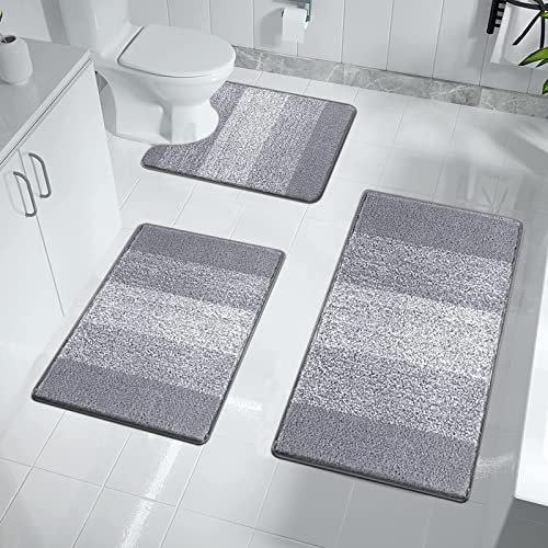 Enyhom Badematten & Badteppiche Set 3 Teilig Mikrofaser Flauschige Badezimmerteppich und WC Vorleger mit Ausschnitt Waschbar rutschfeste Badvorleger Toilette Teppich, Hellgrau