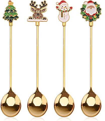 Christmas Coffee Spoons,4 Pieces Christmas Spoons Xmas Stainless Steel Dessert Tea Spoons with Christmas Pendants Christmas Tree Elk Snowman Santa Claus for Tea Soup Dessert,Gift Box Packing Gold