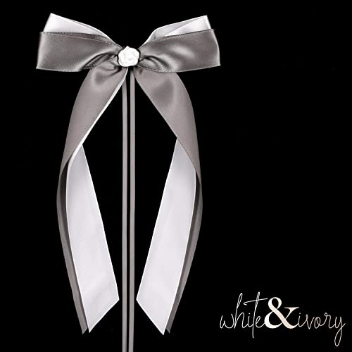 white & ivory 25 Autoschleifen Hochzeit Antennenschleifen | Silbergrau & weiß | doppelt handgebunden mit Rose | hochwertiges Satin | Autoschmuck | Deko Schleife
