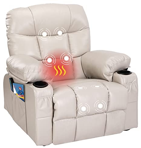 Fantasylab Relaxsessel mit Liegefunktion Fernsehsessel Massagefunktion Wärmefunktion und Vibration Lounge Chair für Wohnzimmer mit Seitentasche, 2 Getränkehalter, USB-Ladeanschluss, Liegefunktion 150°