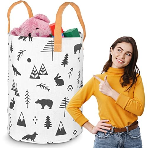 NUKIDO Freistehender Spielzeugeimer Großes Geräumiges Charmantes Design Haltbares Material Leicht zu reinigen Starke Ohren Baumwolle 60 cm x 35 cm Weiß