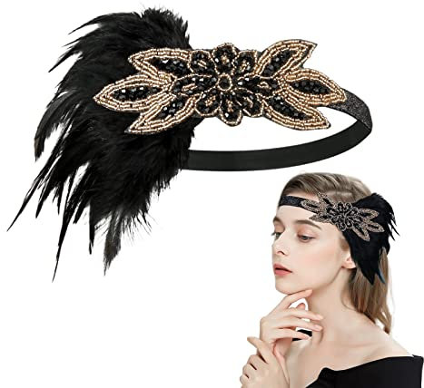 MIVAIUN 1920s Stirnband Gatsby Kopfschmuck Schwarzer Feder-Haarreif Hochzeit Kopfbedeckungen Feder-Stirnband Kostüm Accessoires 20er Strass Stirnband Für Hochzeit Party Kostüm Ball(1 Stück)