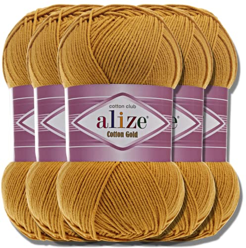 Alize 5x 100g Cotton Gold Batik Türkische Premium Wolle Baumwolle und Acryl Handstrickgarne Garn Yarn Babywolle Strickgarn mit Akzente Accessoire Baby zum Häkeln Stricken (Mustard | 2)
