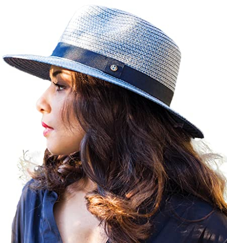 House of Ord Cape Town Braided Fedora Sonnenhut Damen Herren Strohhut Sommerhut UV Schutz - 3 Farben in Größen M/58 & L/61cm - Größe: L-XL: 61 cm Farbe: Blau