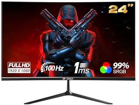CRUA 24 Inch Curved Monitor, FHD 1080P, 100Hz, 99% sRGB, Frameless Design, Blue Light Filter, HDMI & VGA, Eye-Care PC Monitor for Home Office & Gaming – Black