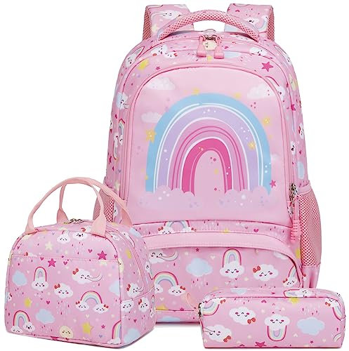 Kimwadalh Mochila Arcoiris Niña Mochila Primaria Escolar Niñas Set de Mochila Colores Niña,Mochila Infantil + Bolsa de Almuerzo + Estuche