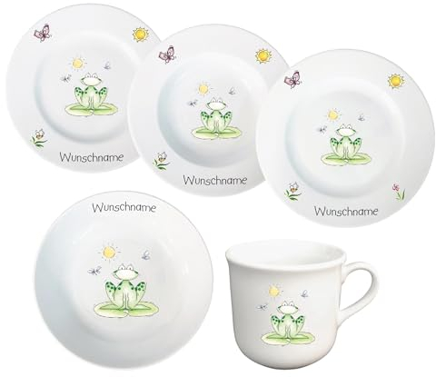 Kindergeschirr Kinderservice 5-tlg. Kinder Service Set aus Porzellan Teller Becher Schale personalisierbar mit Wunschname Name Kindergeschirr mit Namen personalisiert (Frosch)