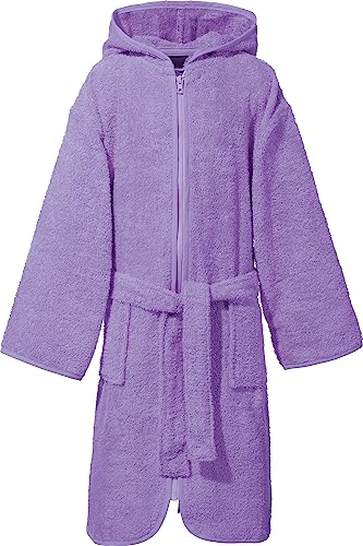 Erwin Müller Kinder-Bademantel mit Reißverschluss, Bindegürtel und Kapuze Uni Frottier - weich, saugstark, mit Taschen, 100% Baumwolle - lila Größe 122/128