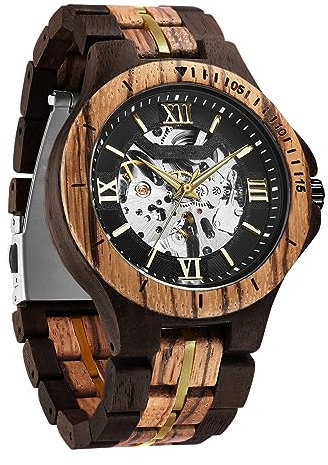 FORSINING Herrenuhren, modisch, klassisches Holzdesign, automatische Skelett-Armbanduhr, mechanische Herrenuhren, leuchtend, wasserdicht, Goldfarben / Schwarz