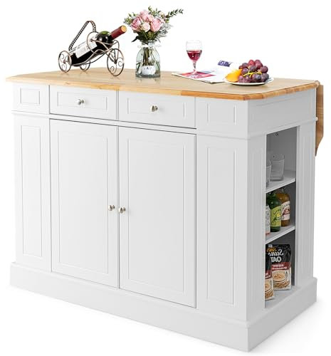 GiantexUK Kitchen Island, Extendable Kitchen Cabinet Sideboard with Rubber Wood Countertop, 2-Door Cabinet, Drawers, Adjustable Shelves & Side Racks, Storage Cupboard for Dining Living Room (White)