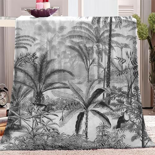 YBRAVO Couverture Modèle de Plante Tropicale Noir et Blanc Plaid Polaire 130x150 cm Chaude Douce Moelleuse Microfibre Couverture de Lit Couvre-lit Jeté de Canapé, Convient Adulte et Enfant
