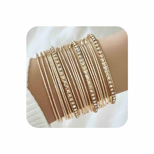 Yienate Ensemble de bracelets bohème dorés indiens Bollywood multi-bracelets punk épais superposés avec strass texturés pour tenue de mariage ethnique, bijoux pour femmes et filles (21 pièces)