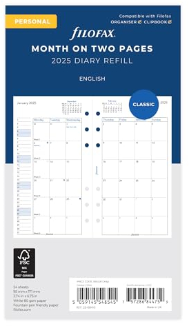Filofax Persönlicher Monat auf zwei Seiten Englisches Blockformat 2025 Terminplaner