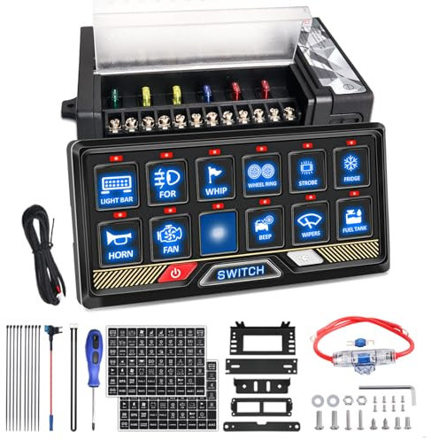 Chelhead 12v Interrupteur de panneau, interrupteur à bascule RGB 12 commandes avec boîte de contrôle à fusible Convient pour l'automobile, la marine, la caravane, l'ATV IP65 imperméable à l'eau