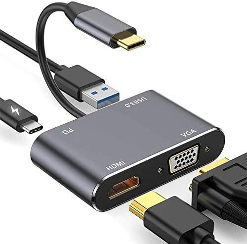 Hub USB C 4 en 1 Vers HDMI et VGA 4K, Adaptateur Multiport Type C Avec USB 3.0 et PD (Compatible Thunderbolt 3) Pour MacBook Pro, Nintendo, Samsung - Plug and Play